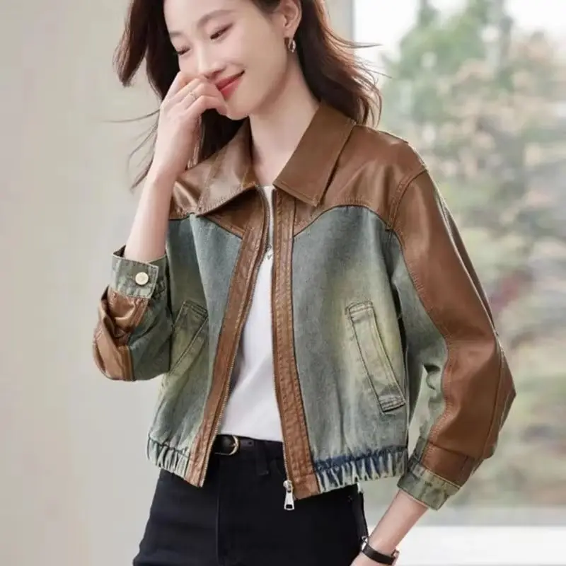 

Pu Skin Splicing Denim Jacket Women New Retro Hong Kong Style Loose Long Sleeves All-Match Cowboy Coat Female Casual Ladies Tops