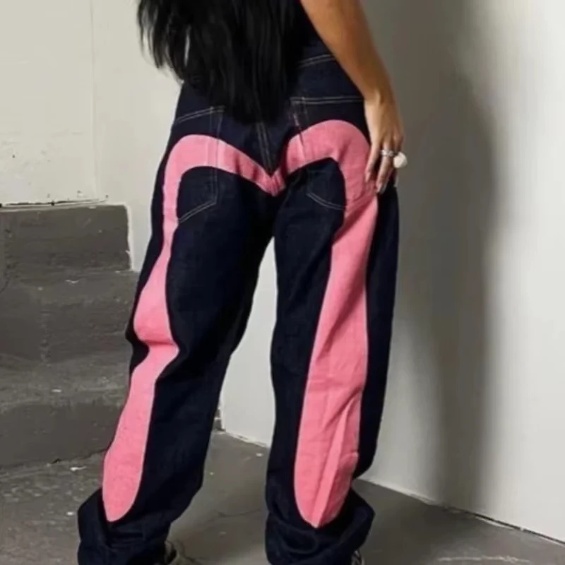 

Jeans Women Gothic Y2K Retro Streetwear Black Cargo Punk Vintage Kpop Print Wide Leg Denim Panrts Female Trousers Pants