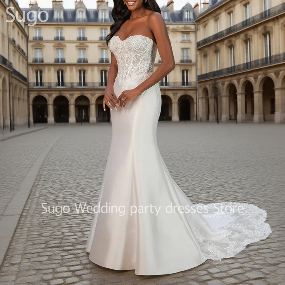 

Customized Luxury Beads Long Wedding Dresses Satin Lace Sweetheart Floor-Length Brides Dress Women Vestidos De Novias Gowns 2025