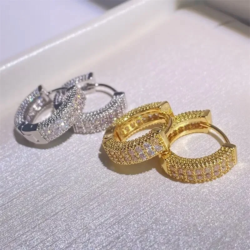 Hip hop 925 Sterling Silver Pave Simulated Diamond Earrings for Men Women Plated 14K Yellow Gold Jewelry Gift