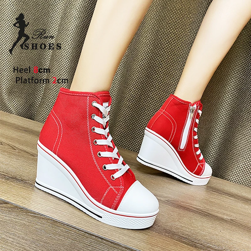 2024 New Women Sneakers 8CM Heels Height Increasing Platform Casual Shoes Woman Comfortable High Top Canvas Shoes Femme Footwear