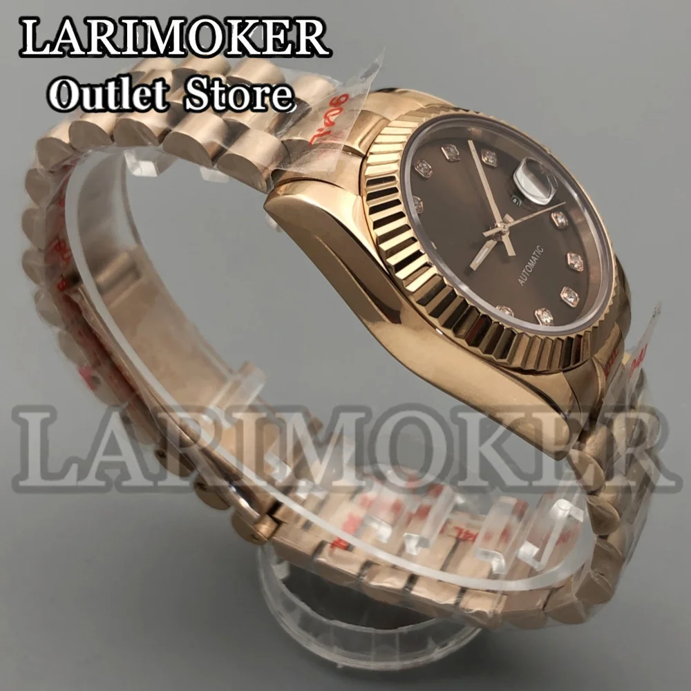 LARIMOKER Rose gold 31mm Automatic Women's Watch Brown Sunburst dial NH05 movement Sapphire Glass Diamond Index