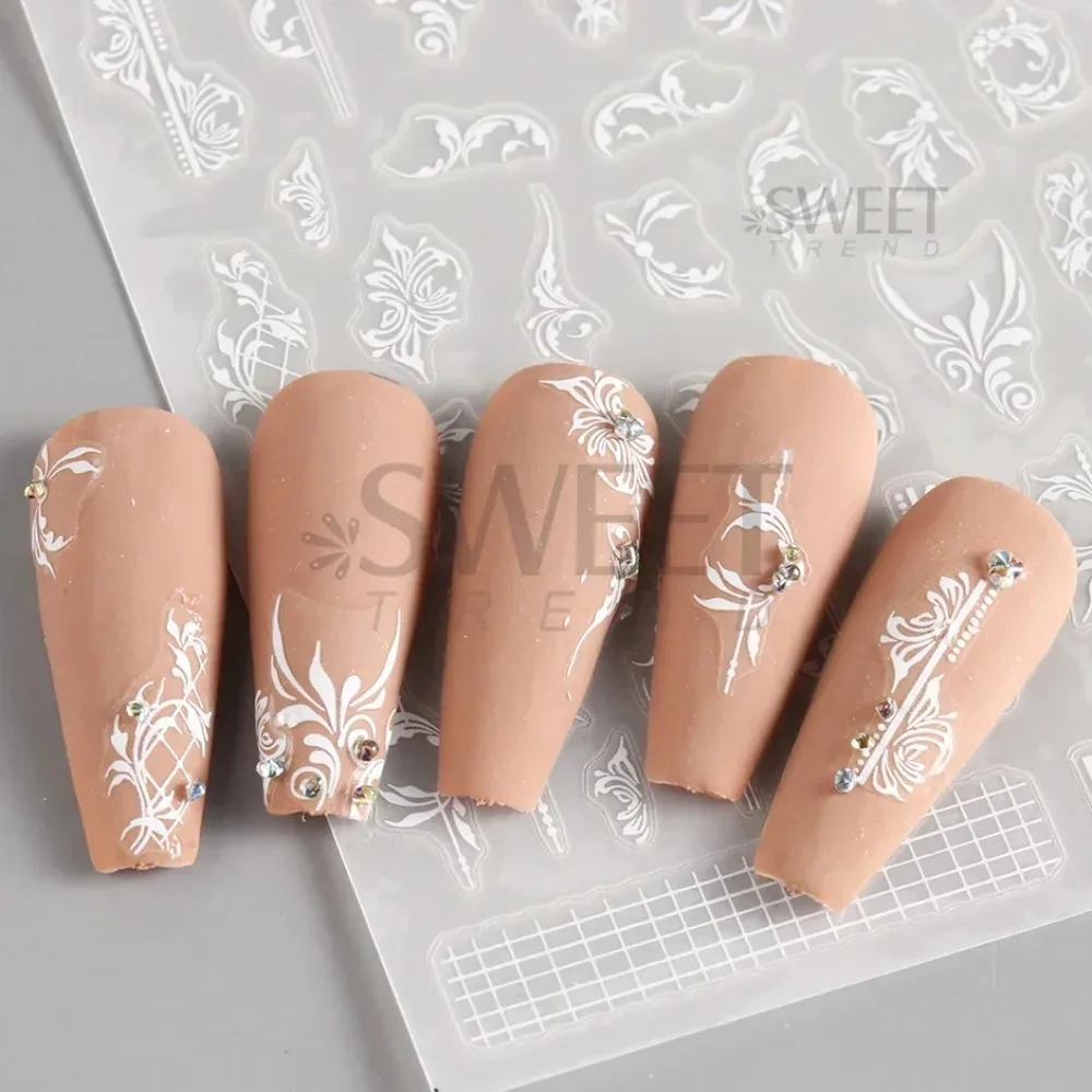 Autocollant pour Nail Art en dentelle blanche, breloque florale en acrylique, curseur adhésif élégant pour mariée de mariage, conception de ligne Simple, décalcomanie de manucure