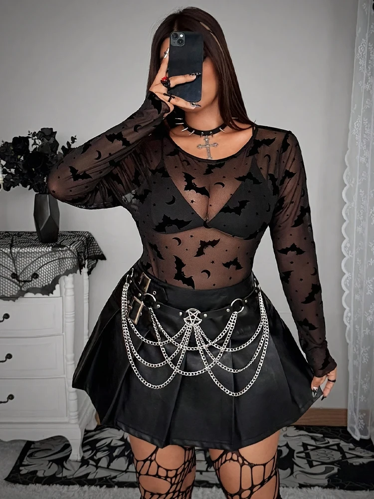 جديد هالوين حجم كبير تمتد متماسكة شبكة أعلى الظلام الخفافيش طباعة شبكة طويلة الأكمام أعلى شفافة القوطية حجم كبير الملابس النسائية