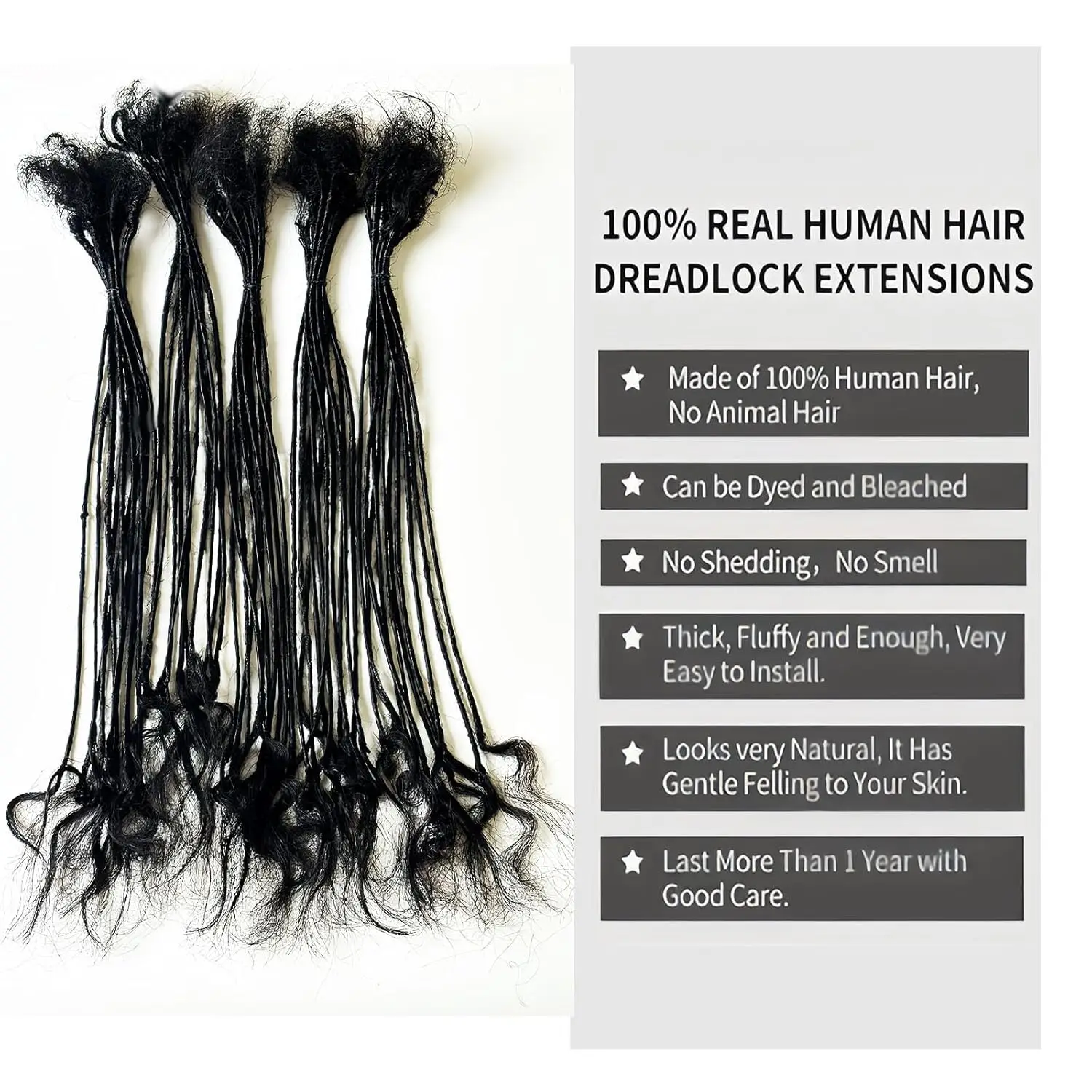 Extensions de Cheveux Humains avec Extrémités Bouclées, Dreadlock de 0.2cm de Largeur, Noir Naturel, 100% en Continu, 50 Mèches de 14 Pouces