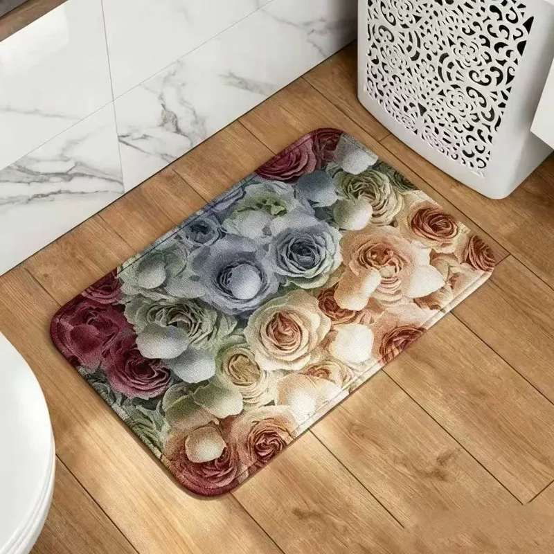 Vintage Multi Tone Rose Bloom Print Doormat Decor Bathroom Floor Mat for Home Western Thanksgiving Holiday and Mother's Day