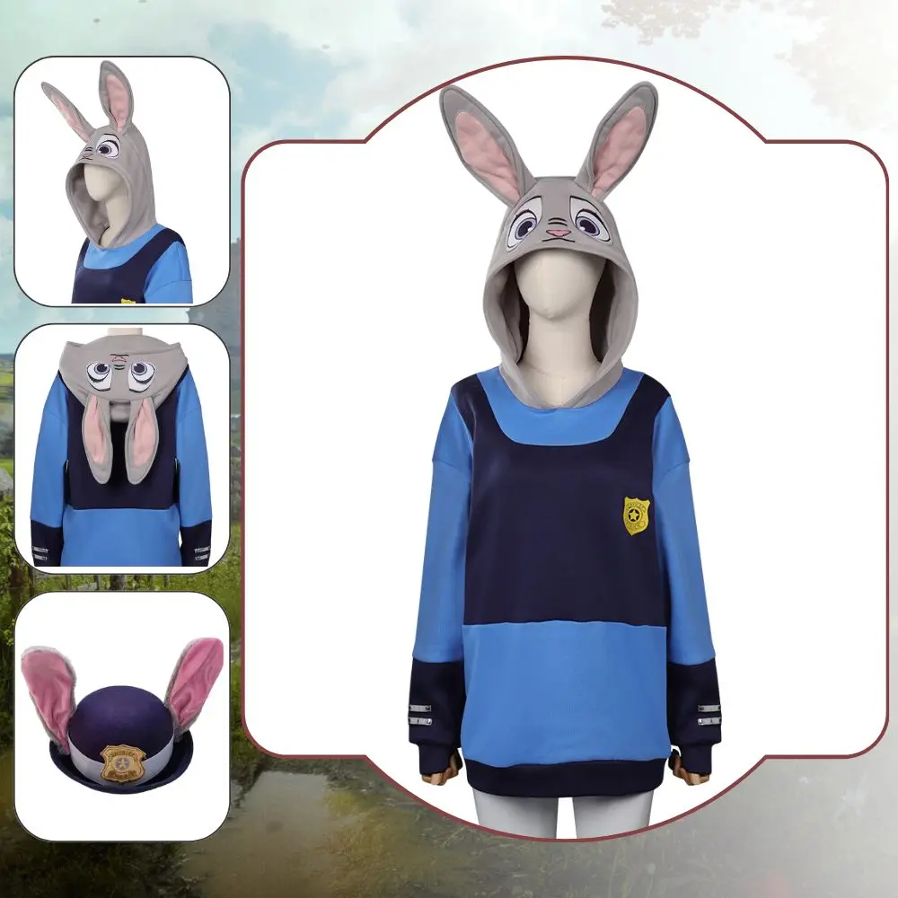 Judy Hopps Cosplay Zoo Rabbits Fantasy Costume Disguise for Adult Women Hoodie Animals Coat Sweatshirt Halloween Carnival Suit