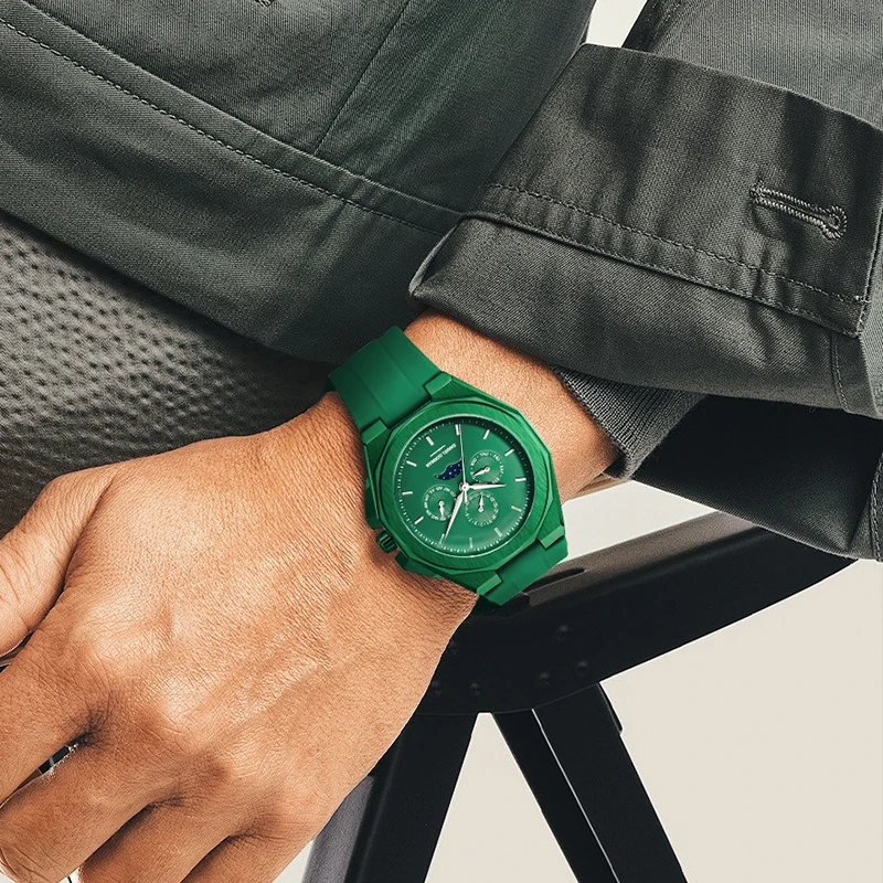 Luxury Sport Octagonal Men Watch Silicone Strap Moon Phase Multifunction Quartz 6P00 Movement Wristwatch Casual Waterproof