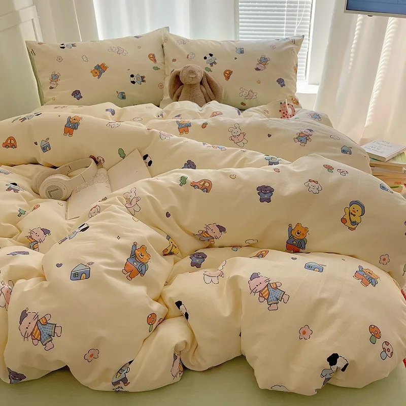 Immagine 4: Set di biancheria da letto in cotone a quattro pezzi, stile cartoon, in puro cotone, per tutte le stagioni, set di lenzuola e piumone a tre pezzi.