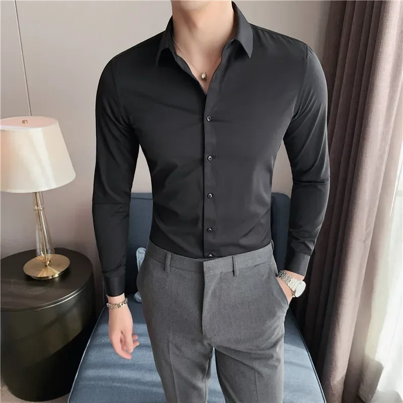 Camisa de manga larga de estilo británico para hombre, Camisas Y Blusas ajustadas informales sólidas, vestido Formal de Química, ropa de primavera,