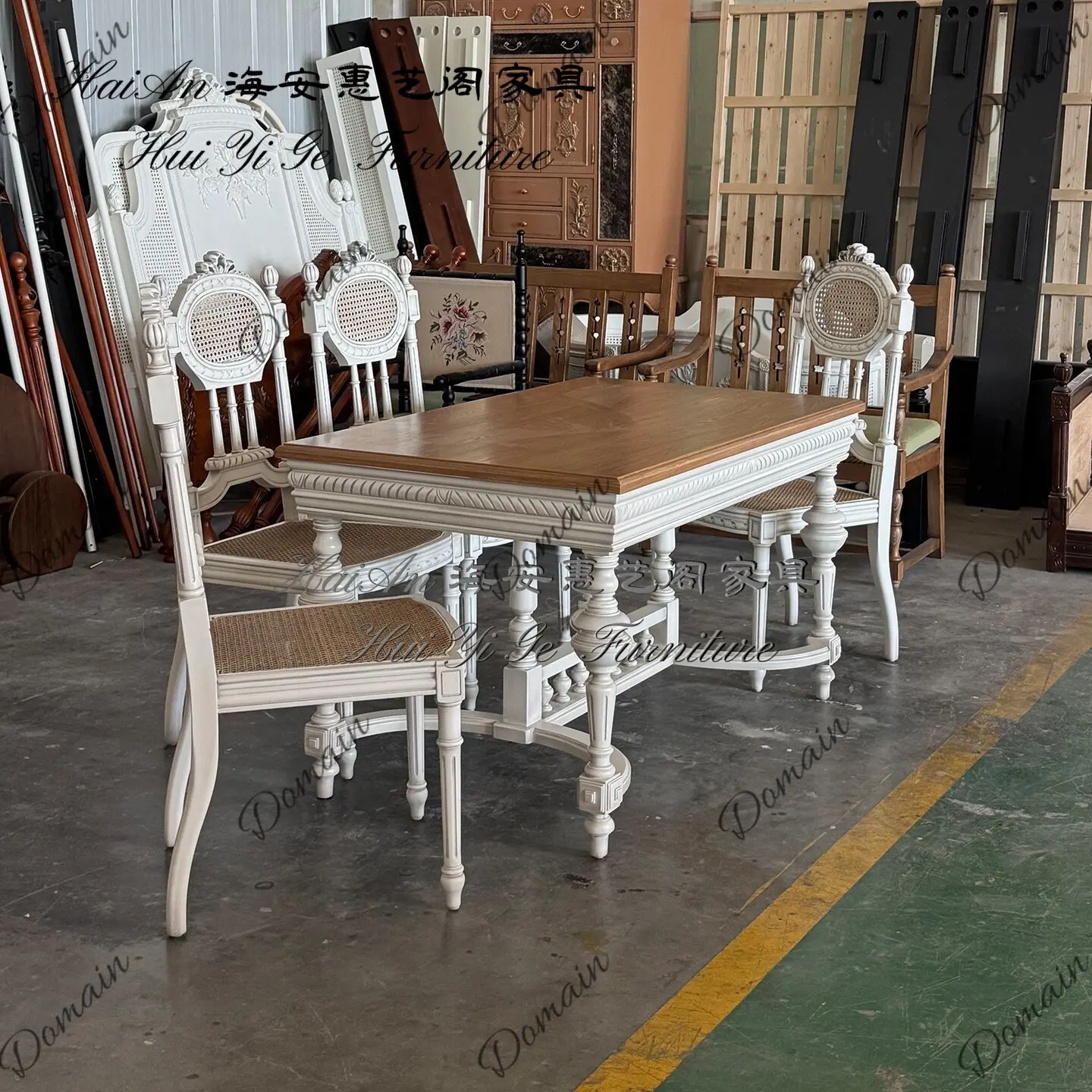 American pastoral restaurant dining table French retro solid wood dining table carved hollow rattan art