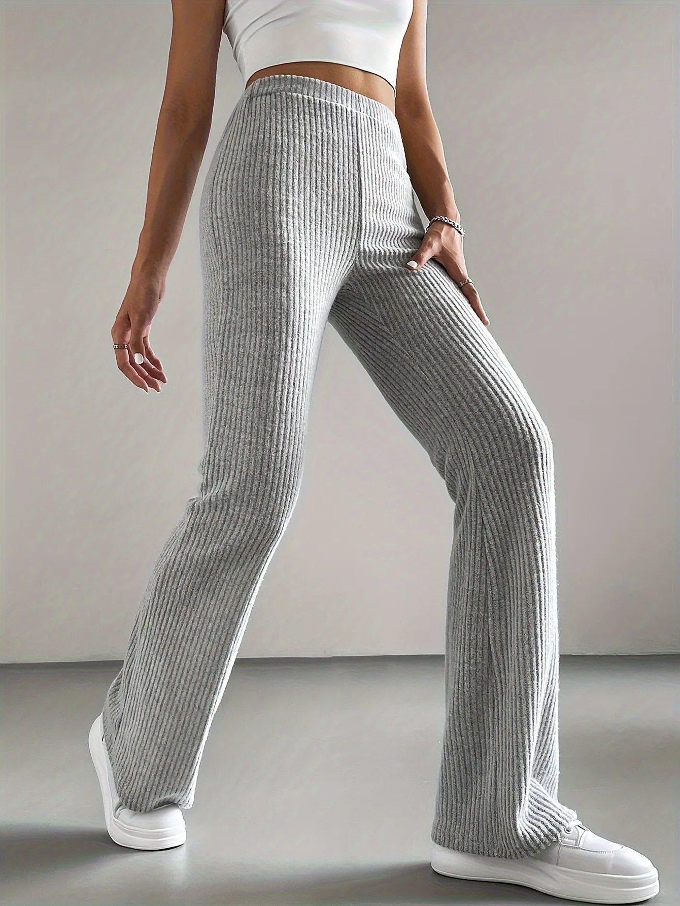 Ladies Pure Color Casual Pants 2025 Spring Autumn Fashion Bell Bottoms Knitted Trousers Slim Fit Long Pants
