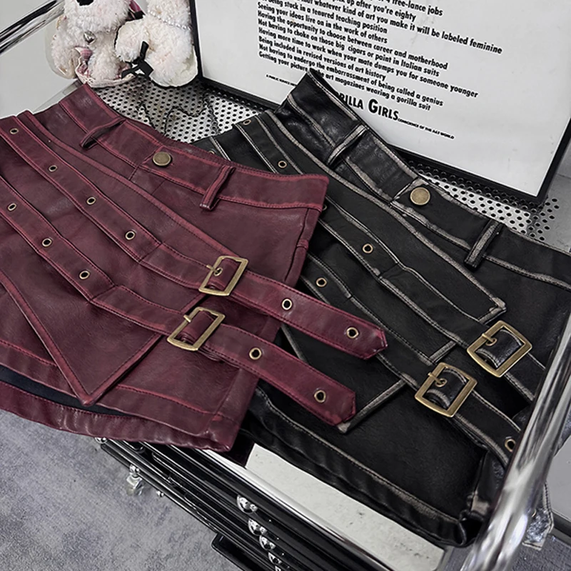 Sexy chique gesp asymmetrische lederen shorts dames Y2k streetwear laagbouw korte rok uitgaan party club wear casual bodems