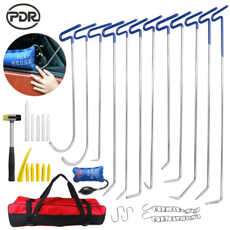 PDR Tool Kits  Professional 11pcs Hook Rods Pump Wedge Rubber Hammer Plastic Tap Down Pen for Car Dent Removal