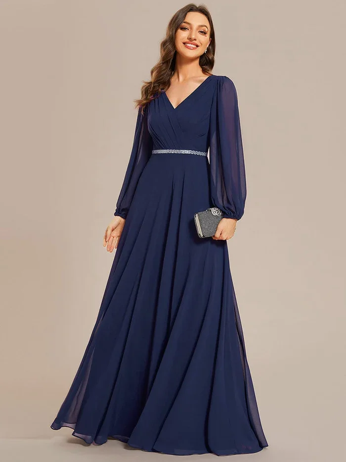 

Elegant waisted Pleated Double V-Neck Long Sleeves Shiny Belt Chiffon guest dress Evening Dress Perfect for weddings or cocktail