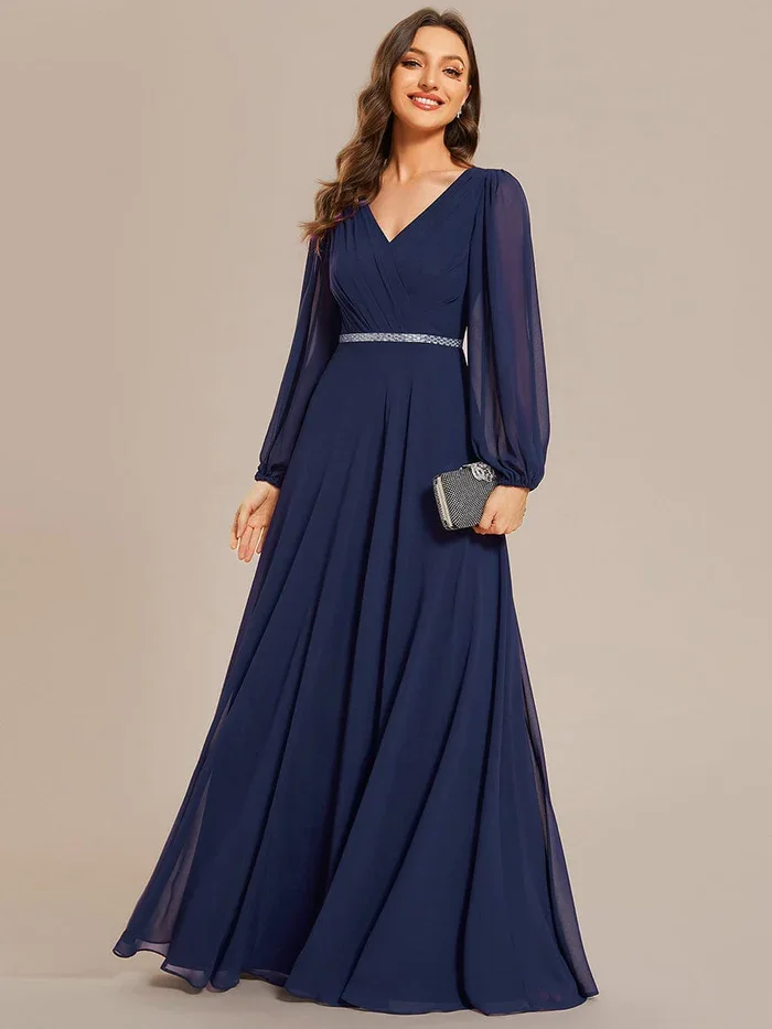 Elegant waisted Pleated Double V-Neck Long Sleeves Shiny Belt Chiffon guest dress Evening Dress Perfect for weddings or cocktail