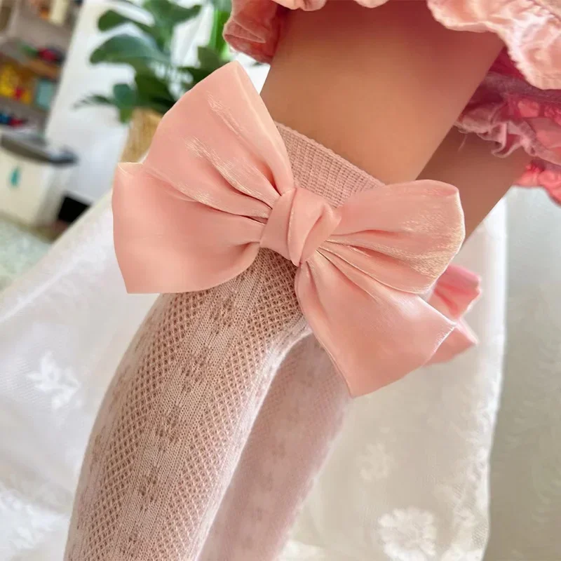 Chaussettes en coton à gros nœud pour bébés filles, princesse espagnole, chaussette douce à nœud papillon, longueur au genou, bonneterie en maille