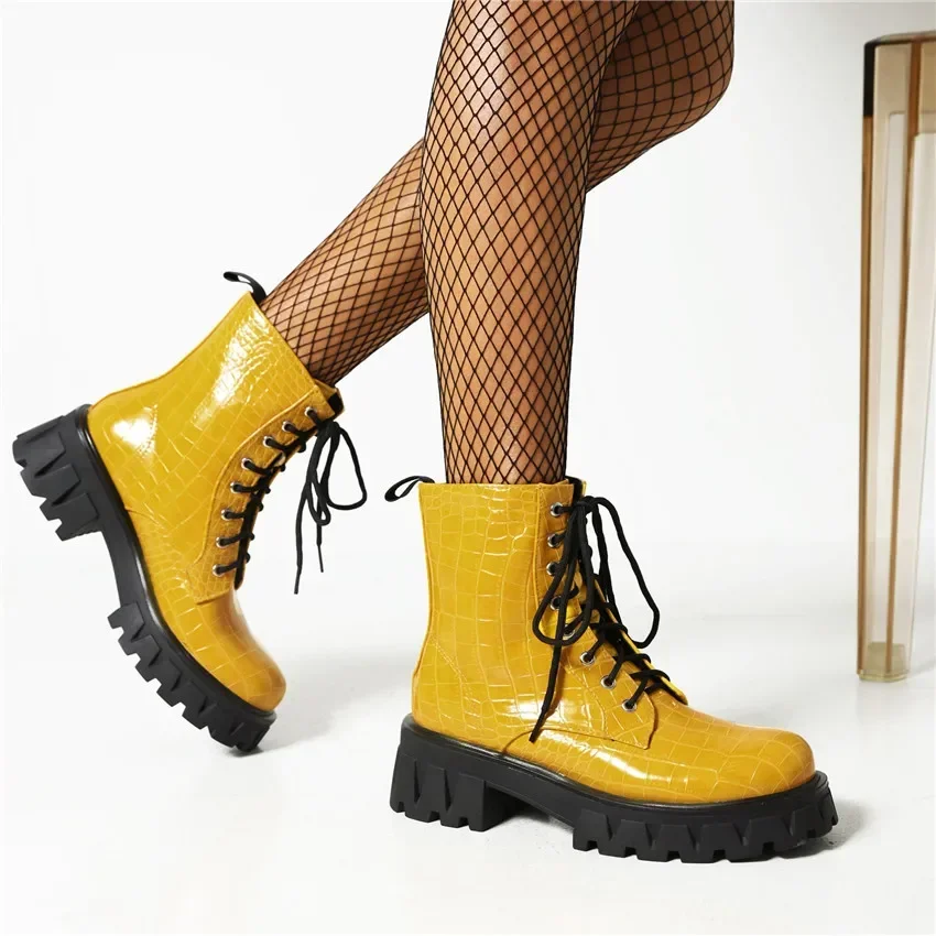 British Women Platform Ankle Boots High Thick Heels Yellow Faux Crocodile Leather Round Toe Lady Dress Party Lace-up Short Boots