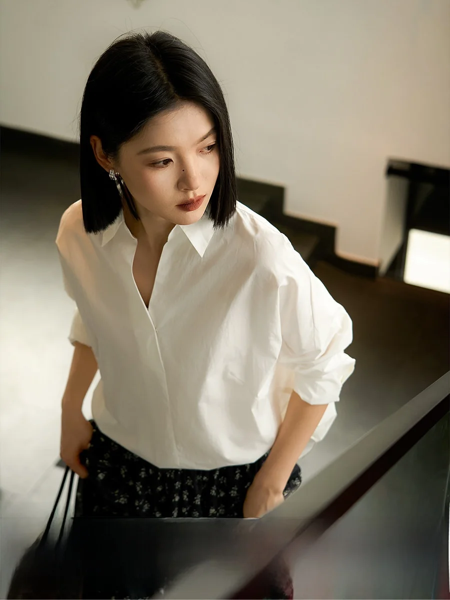 

Xhange Fashionable Long Sleeve Loose Cotton Shirt V-Neck High-Yield Spring 2026 Women's Clothing Breathable Comfortable