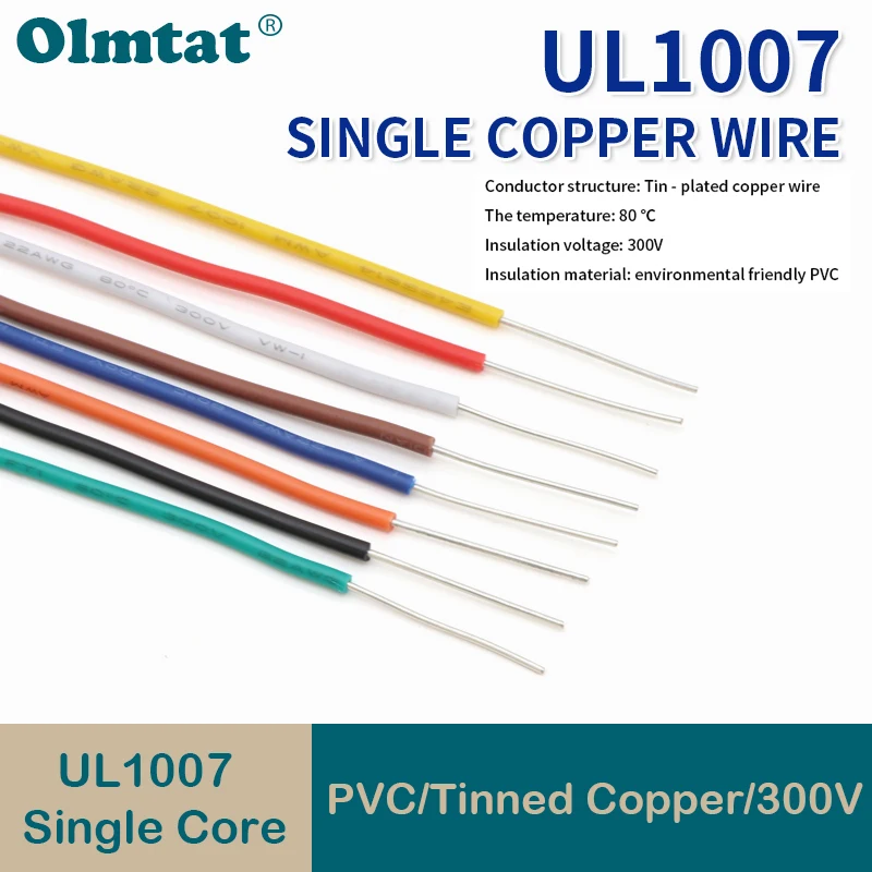 5/10/20M UL1007 PVC Tinned Copper Single Core Wire 14/16/18/20/22/24/26 AWG Cable Line DIY PCB Electron wires