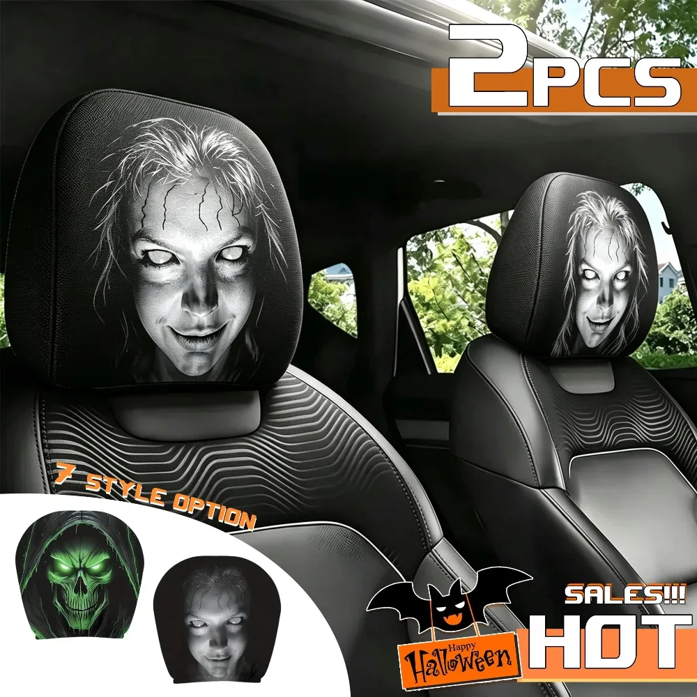 2Pcs Halloween Face Printed Car Headrest Covers Universal Elastic Soft Car Pillowcase Washable Polyester Fabric Cover