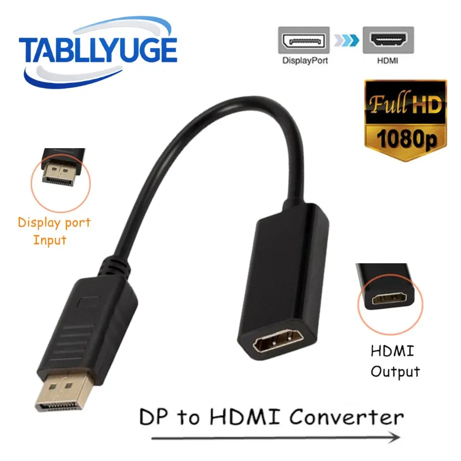 Adapter kabla DisplayPort 1080P na HDMI, konwerter DP męski na HDMI żeński do laptopa, PC, TV, projektora