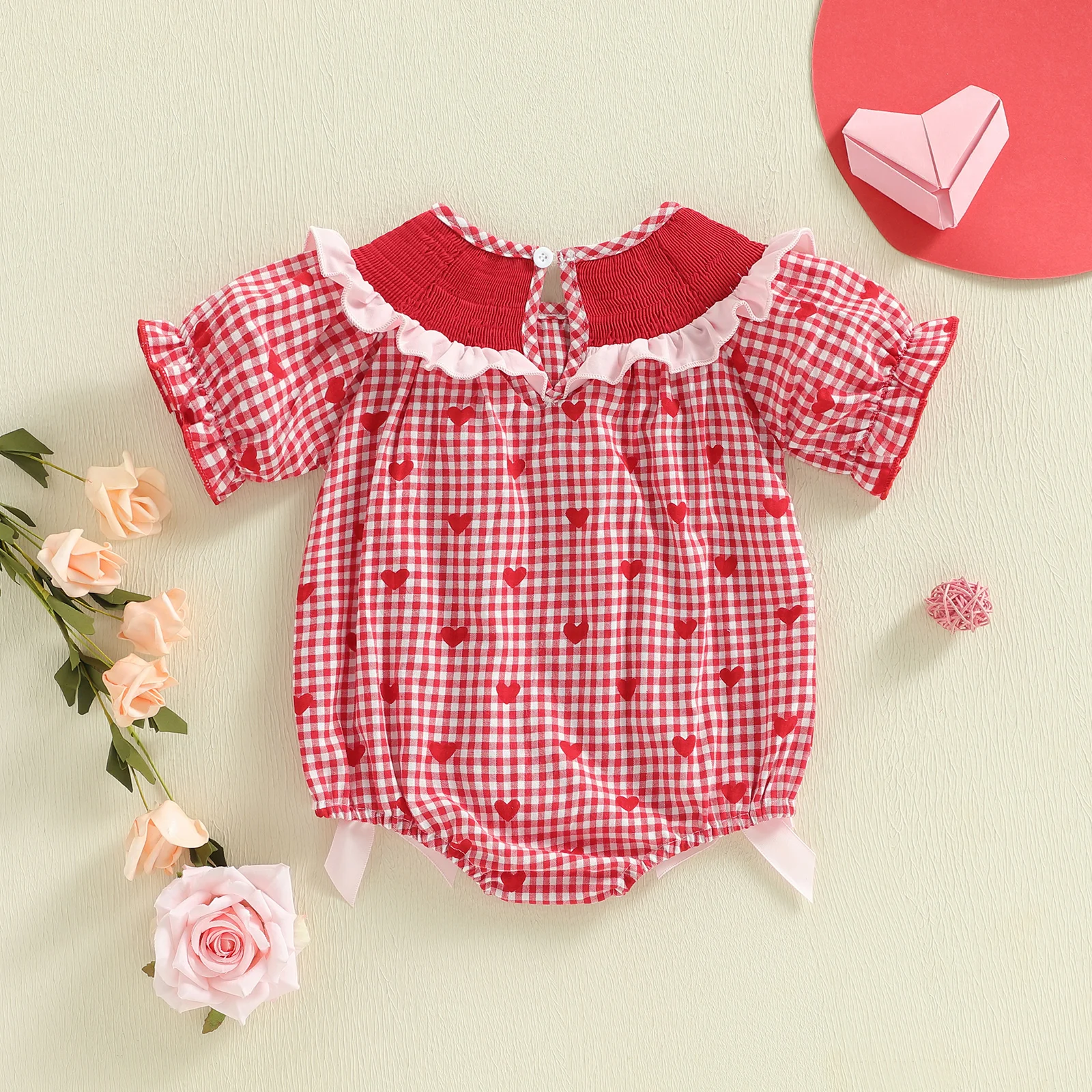 0-24M Infant Baby Girl Valentines Day Romper Plaid Heart Letter Ruffle Trim Short Sleeve Jumpsuit Cute Spring Clothes