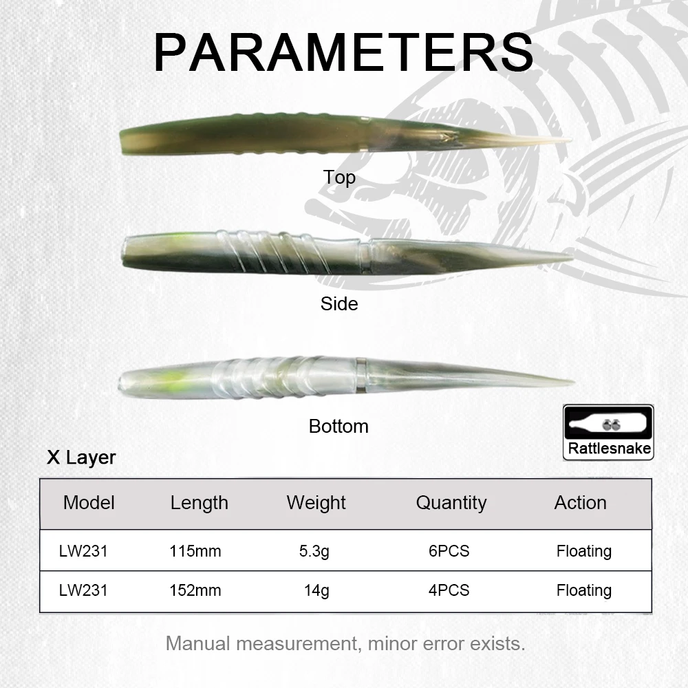 Hunthouse Xlayers Soft Fishing Lure Floating 6PCS/4PCS Silicone Bait 110mm 150mm Rattling Tail For Pike Bass Fish Tackle LW231