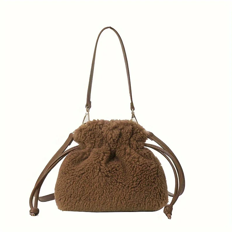 

Fashionable Mini Plush Crossbody Bag with Drawstring - Soft Fuzzy Bucket Bag for Women, Solid Color