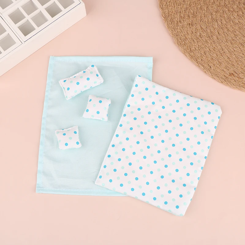 1Set 1:12 Dollhouse Miniature Bed Four Piece Bed Set Bed Sheet Quilt Pillow Quilt Cover Bedroom Bedding Model Decor Toy