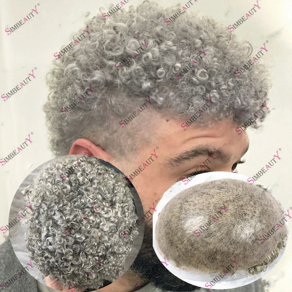 

1b80 1b65 Black Gray Human Hair 15mm Afro Curly Men's Hair Replacement Toupee Full PU Base Durable Capillary Prosthesis System