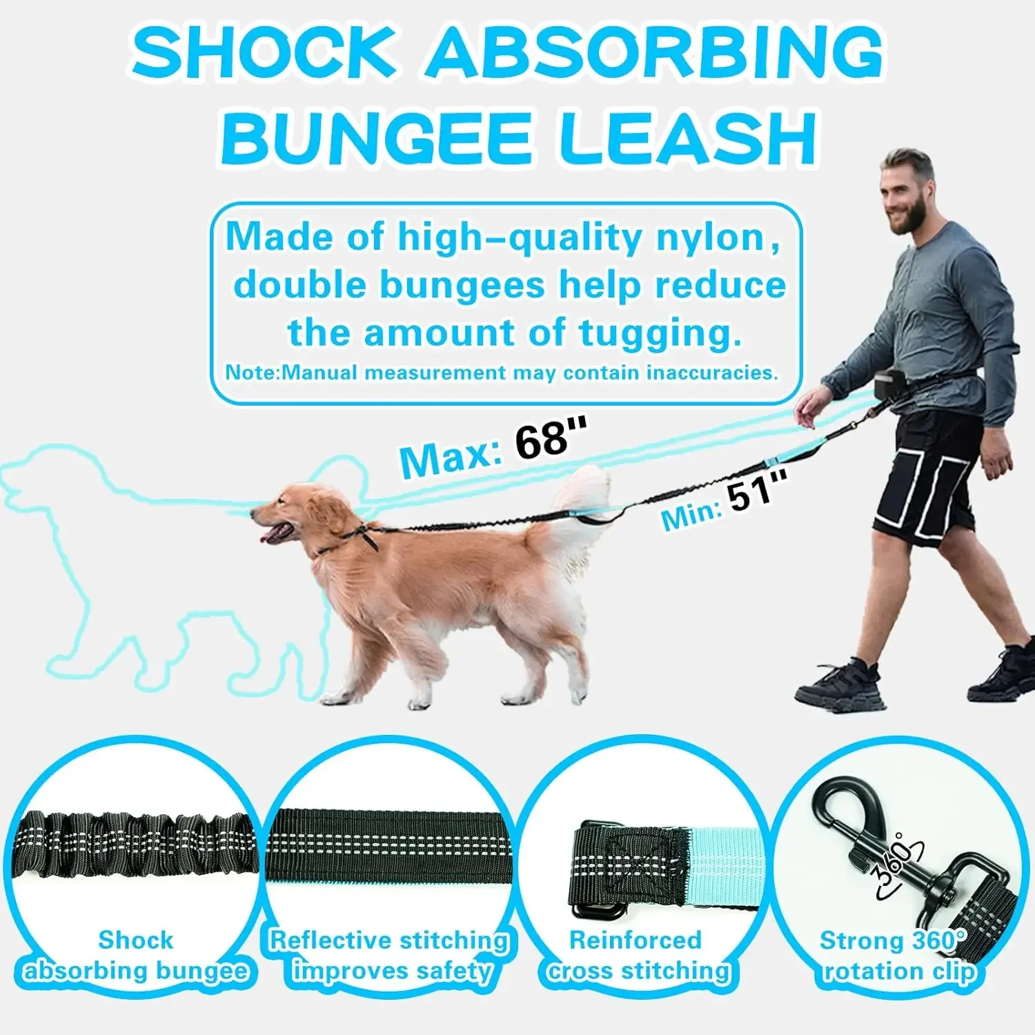 

Dual Padded Handle Dog Leash with Zipper Pouch Retractable Bungee Waist Leash for Medium to Large Dogs Comfortable Grip Running