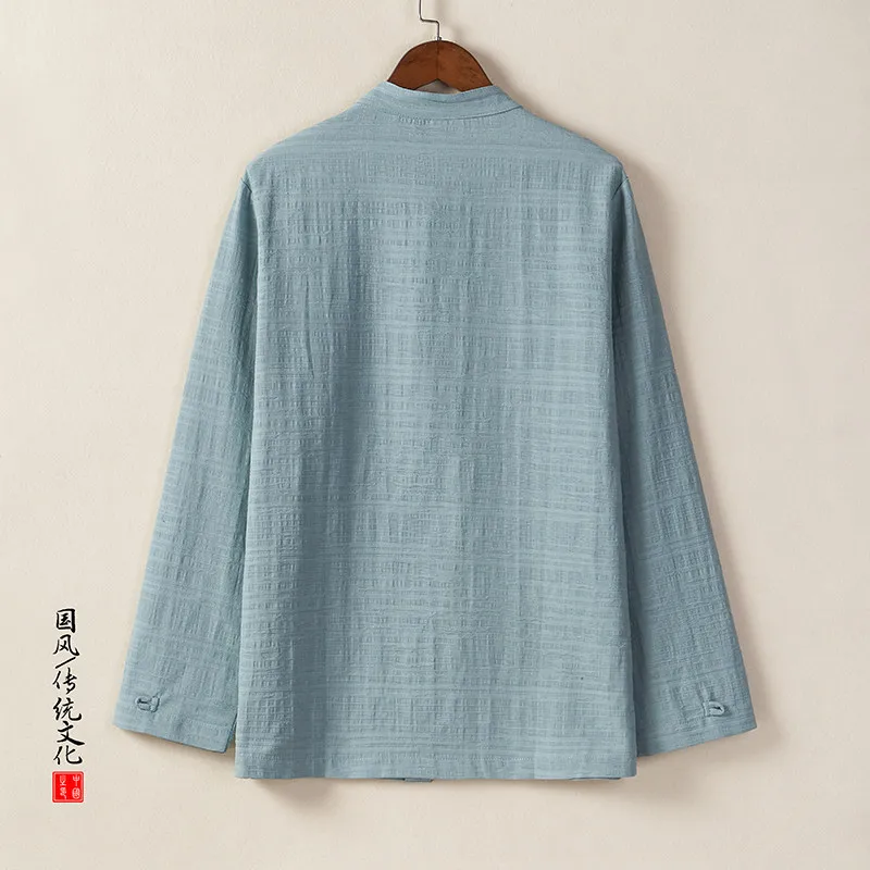 Men's Spring Autumn Chinese Style Tang Suit Shirt Men Striped Jacquard Shirts Men Cotton Linen Blouse Traditional Frog Buttons