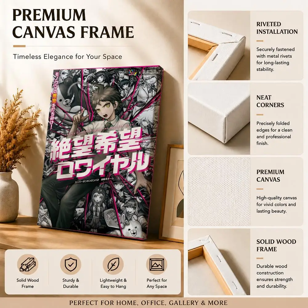 Mystery Anime Game D-Danganronpa Framed Wall Painting Canvas Art Poster with Solid Wood Frame for Living Room Home Decor