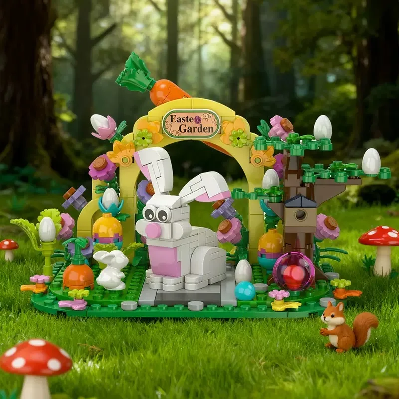 

Набор строительных блоков MOC: Кролик, пасхальное яйцо, садовые животные, пасхальный кролик с морковью. Игрушка для детского дня рождения, праздничные пасхальные подарки.