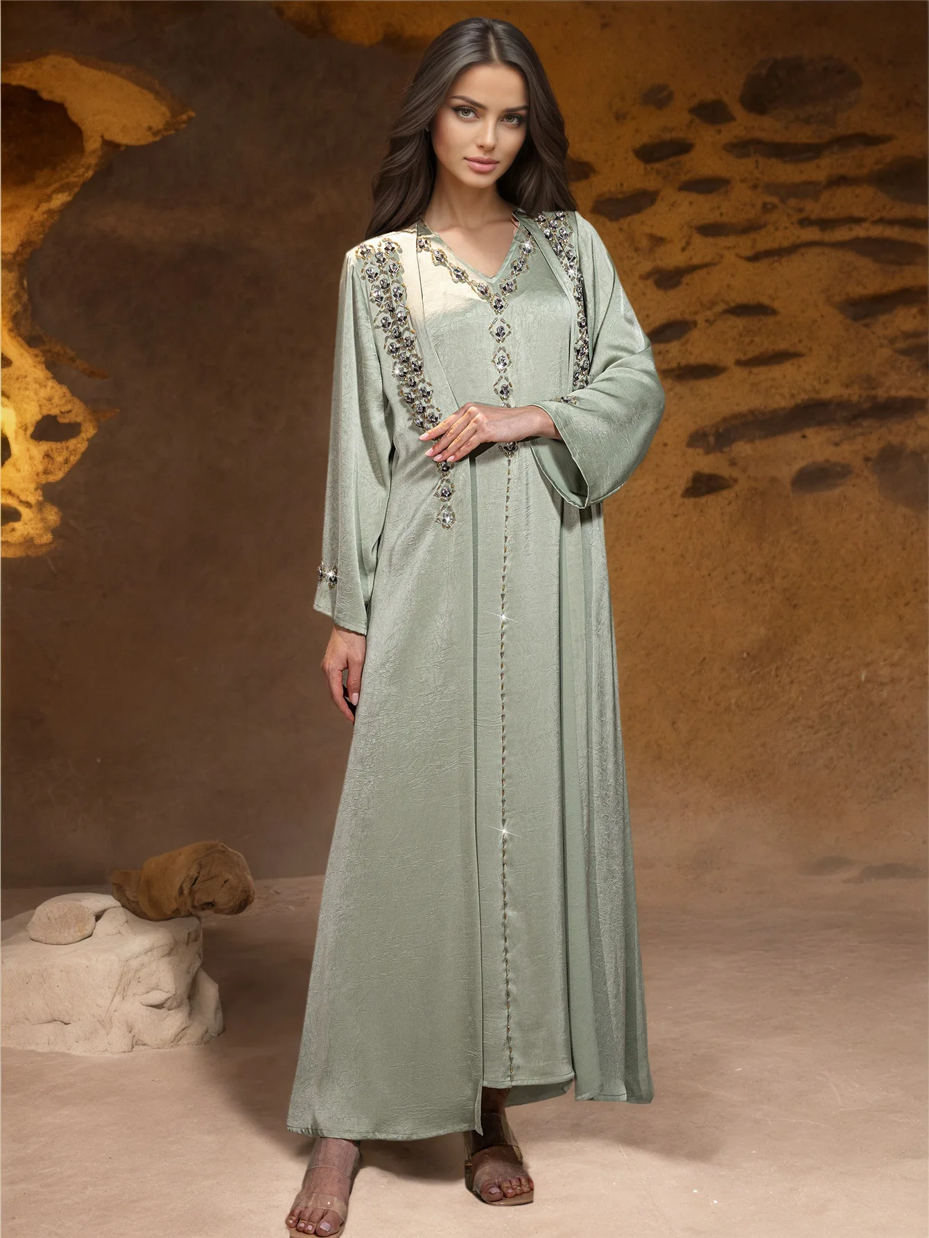 Diamond Kimono Cardigan with Inner Dress Muslim Set Dubai Women Party Dresses Turkey Kaftan Ramadan Jalabiya Islam Clothing Robe