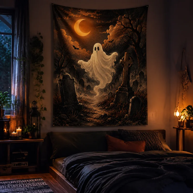 VIKAMA Vintage Halloween Ghost Tapestry, Ghost Cross Wall Hanging, Atmospheric and Mysterious Printed Tapestry, Home Decor
