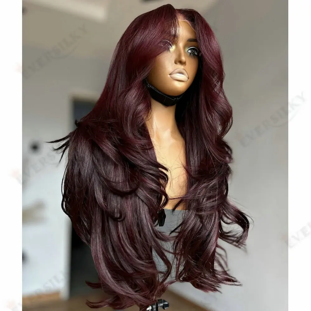 

Natural Wavy Burgundy Red 5x5HD Lace Wigs for Black Women Remy Human Hair Glueless Natural Hairline 13x6Lace Front/Full Lace Wig