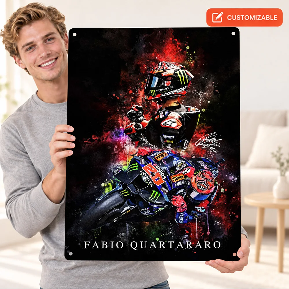 Fabio Quartararo Racing Textured Metal Poster Personalized Aluminum Sign Splatter Watercolor Illustration Wall Art For Garage