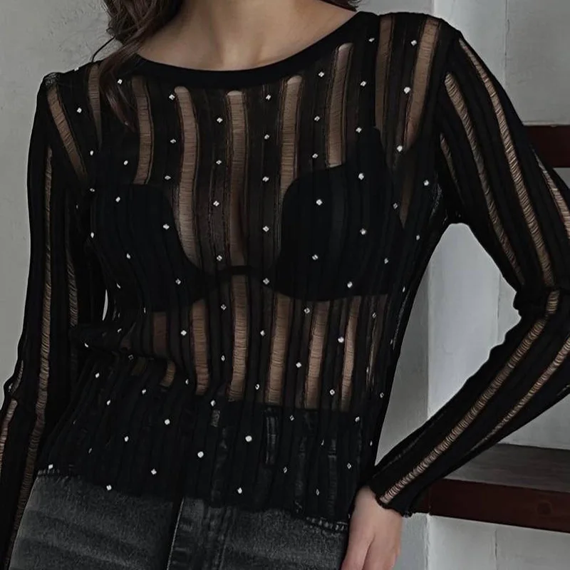 Summer Sexy Spicy Girl Hollow Mesh T-shirt Black Thin Perspective Top Women 2024 New Elastic Hot Diamond Long Sleeve Undershirt