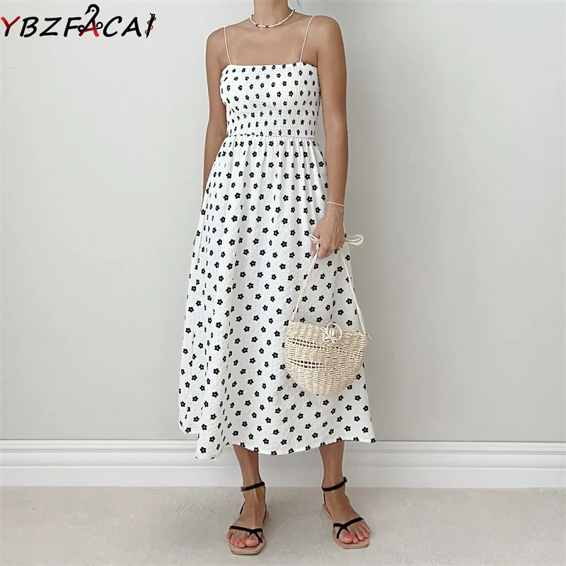 Korean Chic Floral Tube Top Sling Dress Women Summer Midi Black High Waist A-Line Dress Women Elegant White Floral Dress 2022