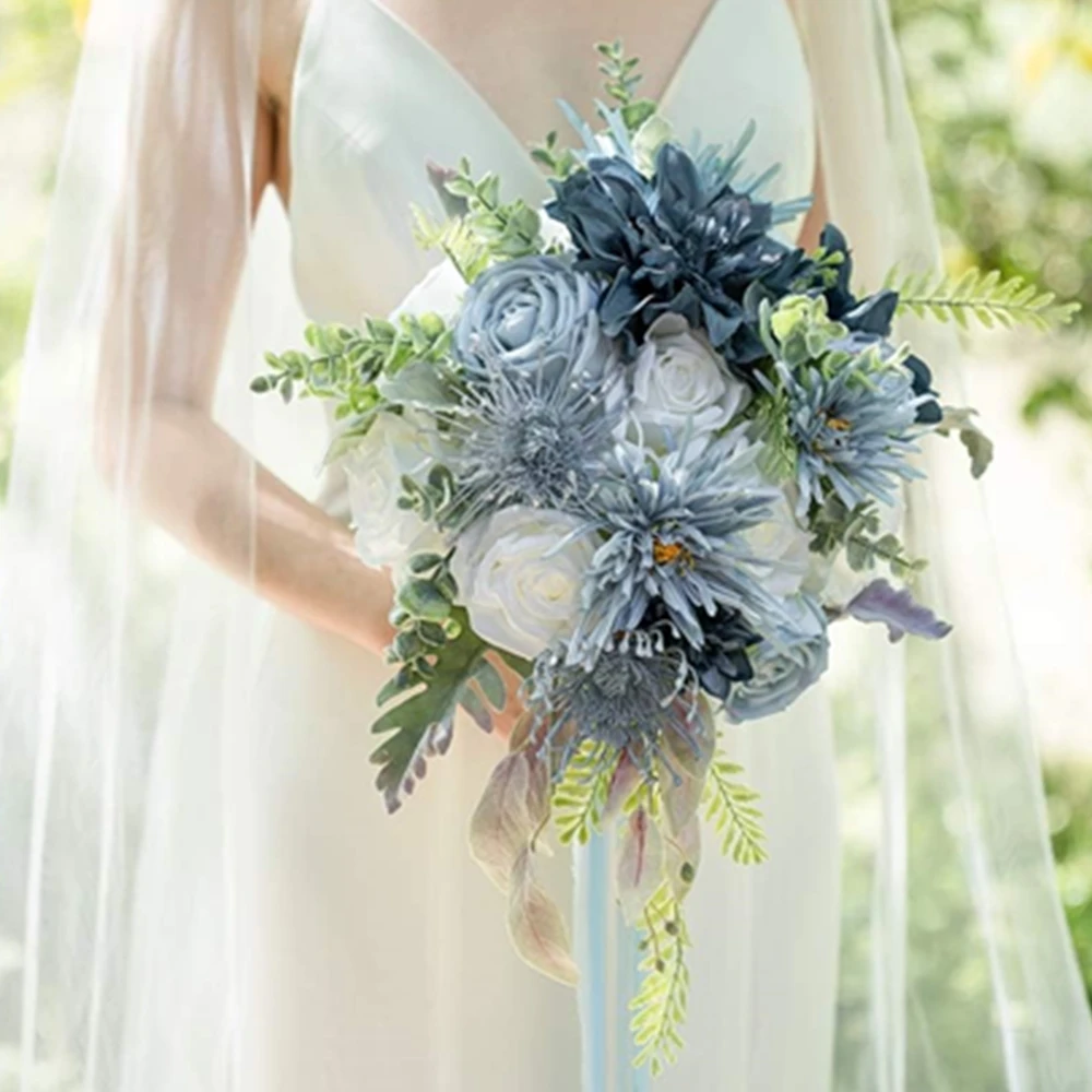 Blue and white rose artificial flower combination box, bridal bouquet, outdoor/indoor DIY decoration, holiday decoration flowers