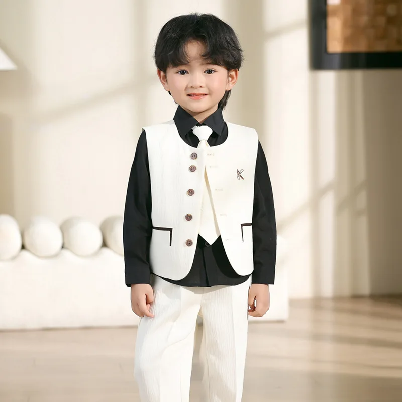 Children Sping Summer Beige Photograph Vest Dress Boys Host Violin Piano Performance Suit Gentleman Kids Wedding Costume