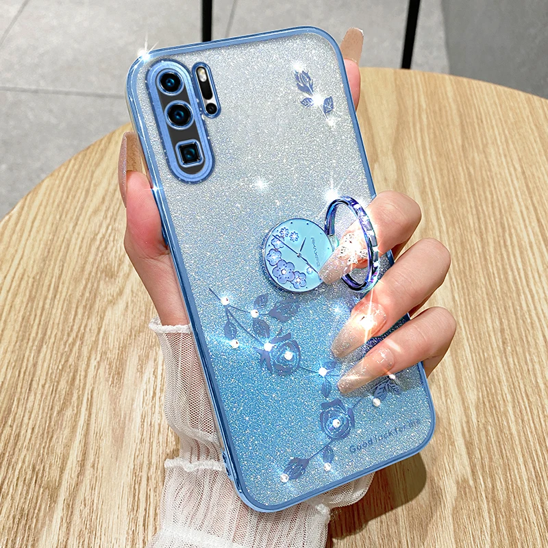 Gradient Glitter Powder Ring Holder Phone Case For HUAWEI P30 Pro Shockproof Soft Back Cover