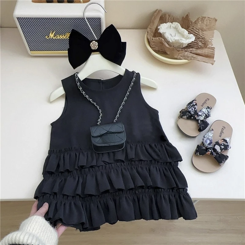 Girls Black Summer Sleeveless Tank Dress Simple Elegant Little Tiered Cake Princess Dress Casual Kids Bottoms For Toddler Baby