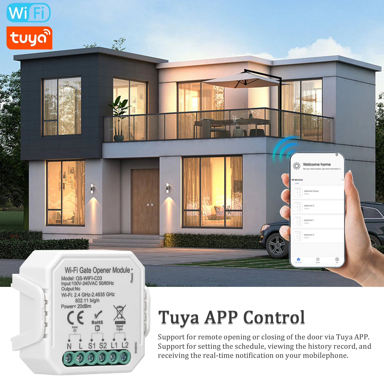 Tuya WiFi Garage Door Opener Controller Mobilephone Remotely APP Control Compatible with Alexa Google Home for Voice Control