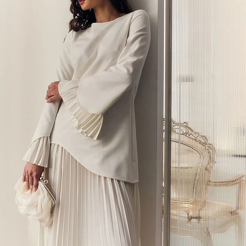 Office Fashion Patchwork Solid 2Pc Suit Women Casual Commuter Loose Outfits Elegant O-neck Long Sleeve Top & Pleated Skirt Sets