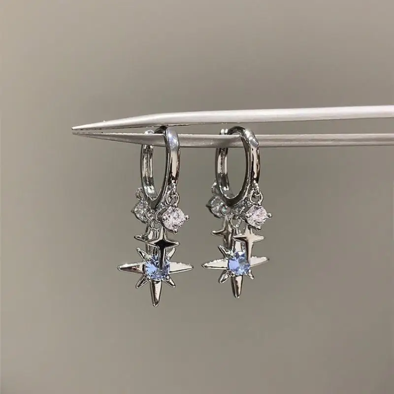 1pair  Blue Zircon Eight-Pointed Star Pendant Earrings For Women Silver Color Star Tassel Ear Buckle Y2K Jewelry Gift