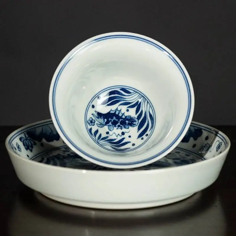 Antique-Style Blue White Fish Algae Pattern From Shengshan, Symbolizing Prosperity And Abundance, Jingdezhen Ceramic Set Gaiwan