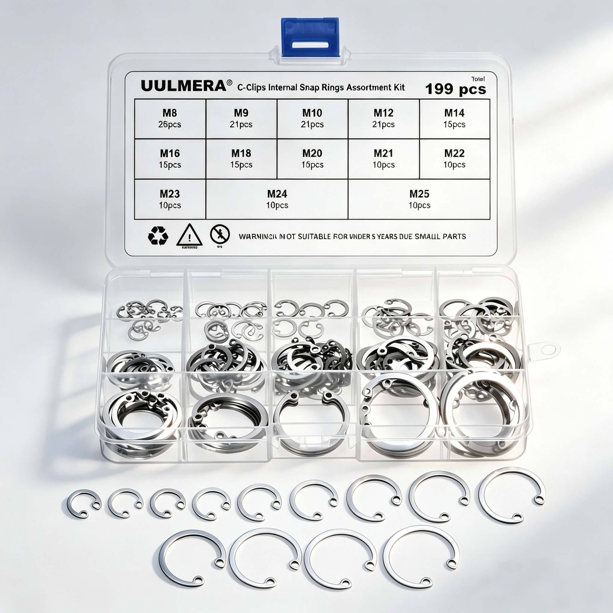 134/199Pcs 304 Stainless Steel Internal Snap Ring Circlip Kit  8-25mm Metric C-Clip Set for Shaft Groove Bearings Hardware
